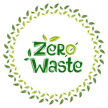 Colorful Zero Waste handwritten lettering style text title sign with green eco leaves. Environmental waste management concept isolated illustration on white background.のイラスト素材