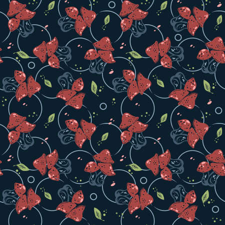 Amanita colorful mushrooms seamless vector pattern. Stylized mushrooms on a dark background. Red and blue fly agaric and leavesのイラスト素材