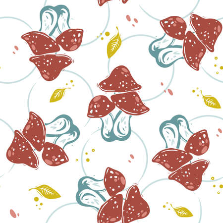 Amanita colorful mushrooms seamless vector pattern. Stylized mushrooms on a light background. Red and blue fly agaric and leavesのイラスト素材