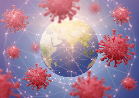 pandemic concept of Coronavirus over Earth background and its blurry hologram to protect .3d...
