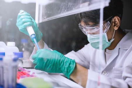 Young scientist using pipette transfer sample to Micro Centrifuge Tube for PCR test in Biosafety cabinet.の写真素材
