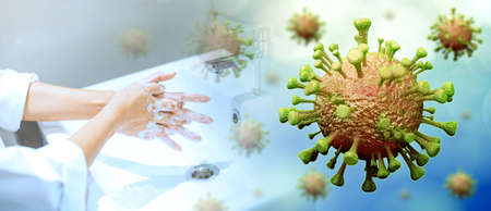 close up young woman washing hands rubbing with soap and corona virus in backgroundの写真素材