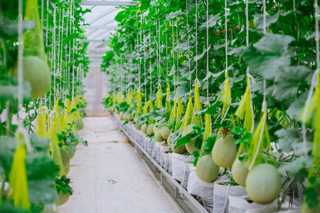 Fresh melon on tree in a plastic house farm supported by string melon netsの写真素材