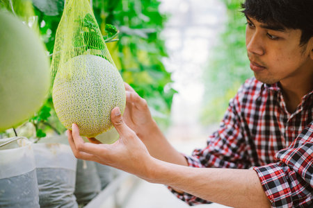 The farmer holding melon at the melon farm in a plastic houseの写真素材