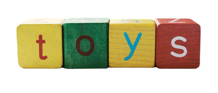 the word 'toys' in colorful children's block letters isolated on whiteの写真素材