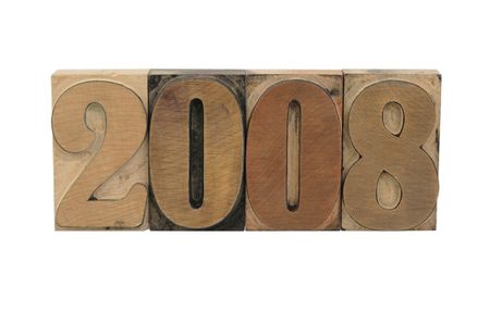 2008 in letterpress wood type isolated on whiteの写真素材