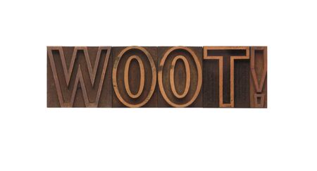 the word woot in old, ink-stained outline typeの写真素材