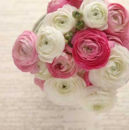 bouquet of spring flowers in pinks and white on an old script handwriting backgroundの写真素材