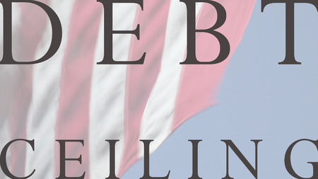 USA flag with debt ceiling wordsの写真素材