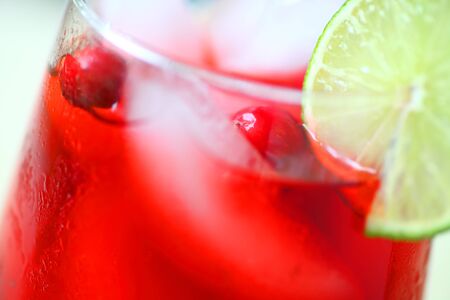 Closeup of cranberry drink with fresh cranberries and lime sliceの写真素材