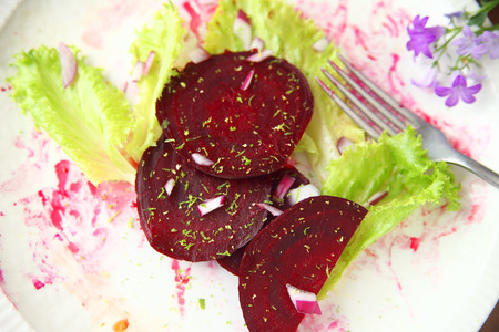 Beet slices with red onion bits, lettuce and grated lime zest on a beet juice-stained plateの写真素材