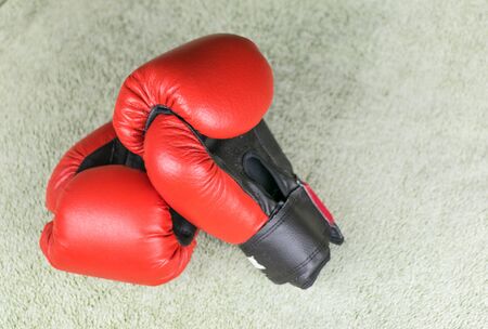 Red boxing gloves do not have a gray background.の写真素材