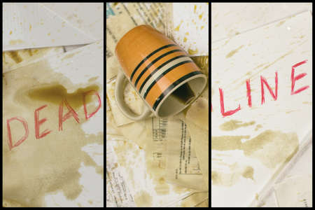 Deadline is written on paper in red on the background of blurry documents. Collage.の写真素材