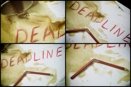 Deadline is written on paper in red on the background of blurry documents. Collage.の写真素材
