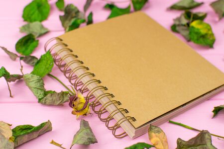 Sketchbook on a pink wooden background with
dried leaves of a rose.の写真素材