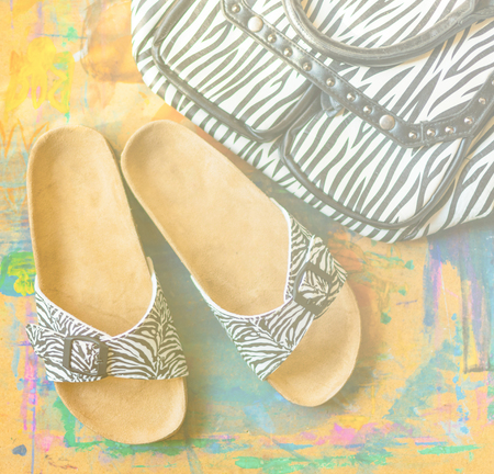 Female slap coloring zebra and handbag abstract background. The concept of travel, summer, recreation.の写真素材