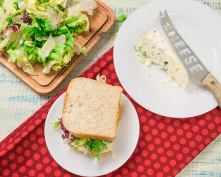 Vegetarian sandwich with salad and blue cheese on a wooden background. Healthy Dietの写真素材