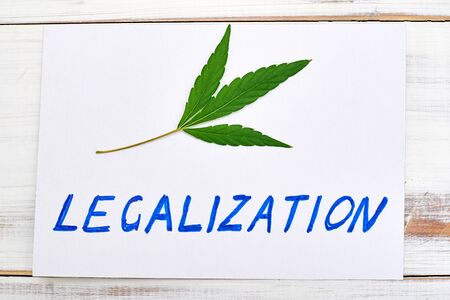 Legalization word with leaf of marijuana, cannabis on a light background.