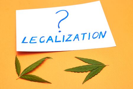 Legalization of marijuana question concept on a orange background with cannabis leaf.の写真素材