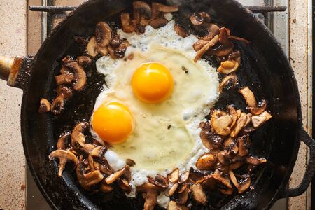 Fried mushrooms and eggs in a pan.の写真素材