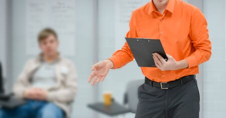 Lecturer conducts a lecture, training.の写真素材