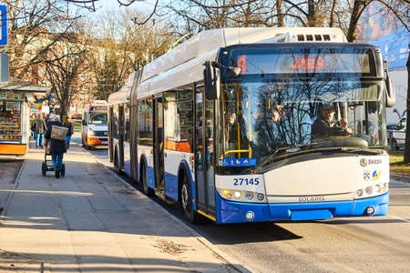 Riga, Latvia- February 06, 2020: Bus on a city street.のeditorial素材