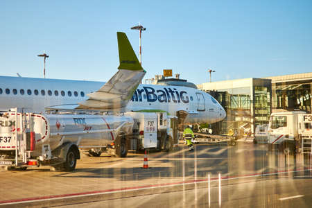 Riga, Latvia- February 06, 2020: Baltic plane at the city airport.のeditorial素材
