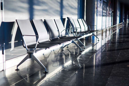 Riga, Latvia- February 06, 2020: seats for waiting in the airport building.のeditorial素材