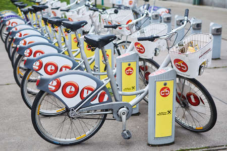 Vienna, Austria - March 11, 2020: Bicycle rental on a city street.
