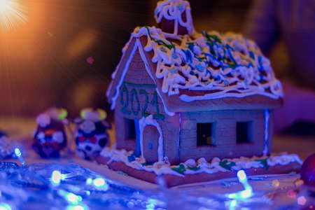 Gingerbread house with numbers 2021. Preparing for the New Year, Christmas.の写真素材
