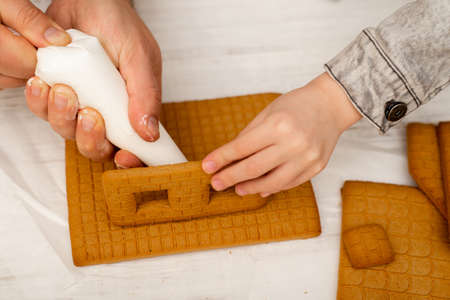 Dad and son are making a gingerbread house. Preparing for Christmas.