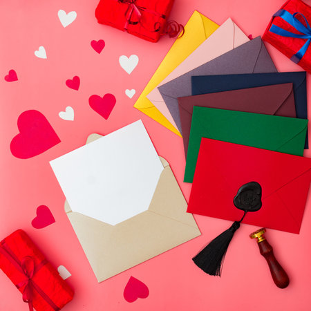 Love letter for valentine's day. Multicolored envelopes on a red background with hearts. Place for your text.の写真素材