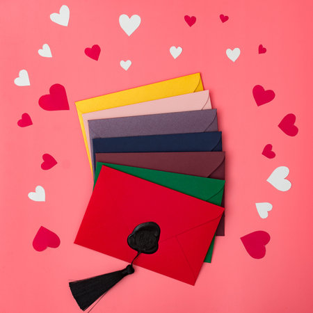 Love letters. Multicolored envelopes on a red background with hearts.の写真素材