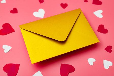 Love letter. Gold envelope on a red background with hearts.の写真素材