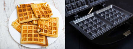 Cooking Belgian waffles in an electric waffle iron. Ready waffles and a device for their preparation.の写真素材