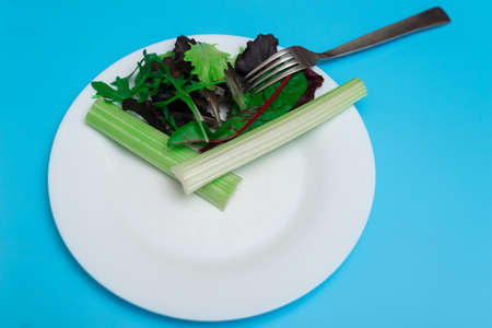 Intermittent fasting, diet concept. Figurative image of meal time. Fresh vegetables on a white plate as a clock face on a light blue background.の写真素材