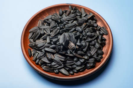 Black sunflower seeds on a plate on a blue background.