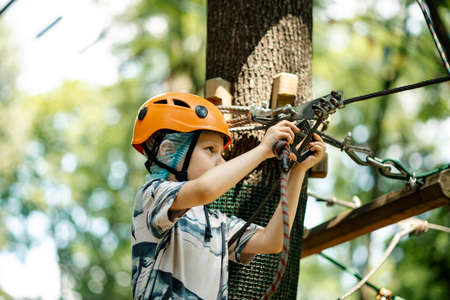 Young boy in the rope park. Active rest of the child in the park.