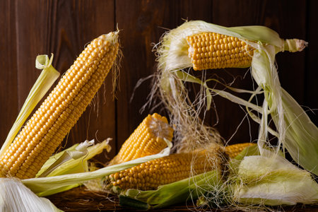 Corn levitation. Fresh raw corn cobs on a dark wooden background fly in the air. Vegetarianism,...