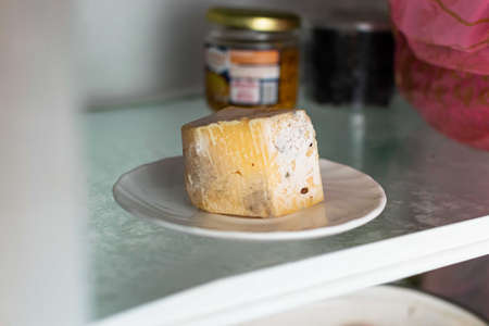 Spoiled cheese covered with mold on a shelf in the refrigerator.の写真素材