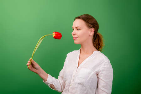 A pretty woman of middle age forty years old holds one flower - a red tulip on a green background.の写真素材