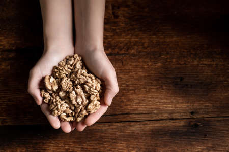 Women's palms with walnuts. Dark wooden background. Healthy food. Vegetarianism. Place for your text.の写真素材