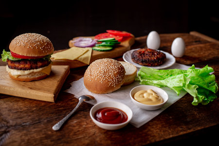 Hamburger day. Cooking hamburger or cheeseburger. Different ingredients for a classic hamburger. Place for text. wooden background.の写真素材
