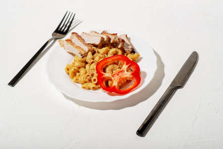 Figured Italian pasta in sauce with meat. Minimalist food design. white background.の写真素材