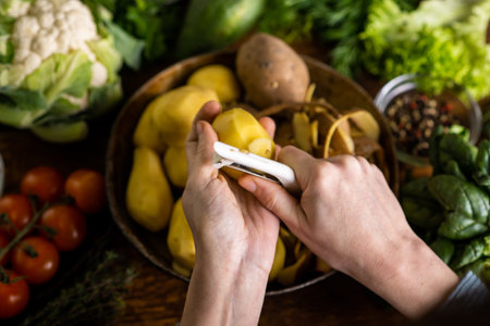 A woman is peeling potatoes. Various fresh vegetables lie on the table. Cooking vegetarian food.の写真素材