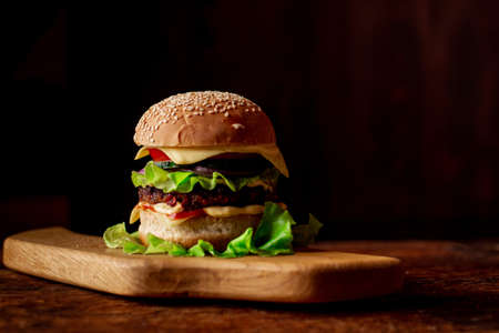 Hamburger wooden curly board. Dark wooden background. Hamburger day.の写真素材