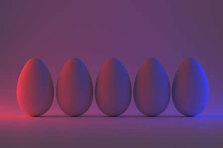 Row of white chicken eggs lit in red and blue. Place for text. Easter background. 3D rendering.
