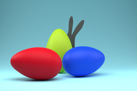 Easter concept. Multi-colored eggs on a blue background with easter bunny ears. 3D rendering.の写真素材