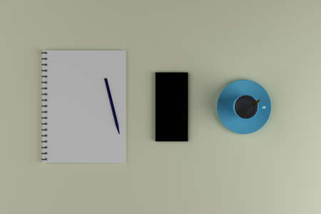 Notebook with a pen, coffee, phone on a blue background. Place for text. top view. minimalism. 3D renderingの写真素材