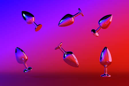 Shiny butt plugs levitate. red blue background. Sex shop, intimate entertainment concept. Place for text. 3D rendering.の写真素材